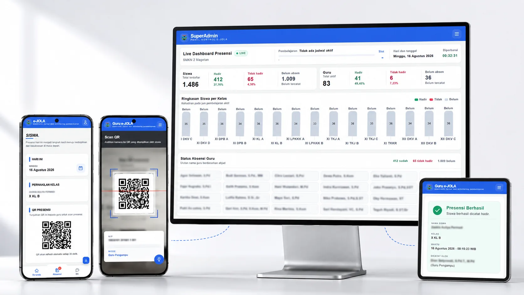 e-JOLA on phones, a tablet, and a school monitoring dashboard