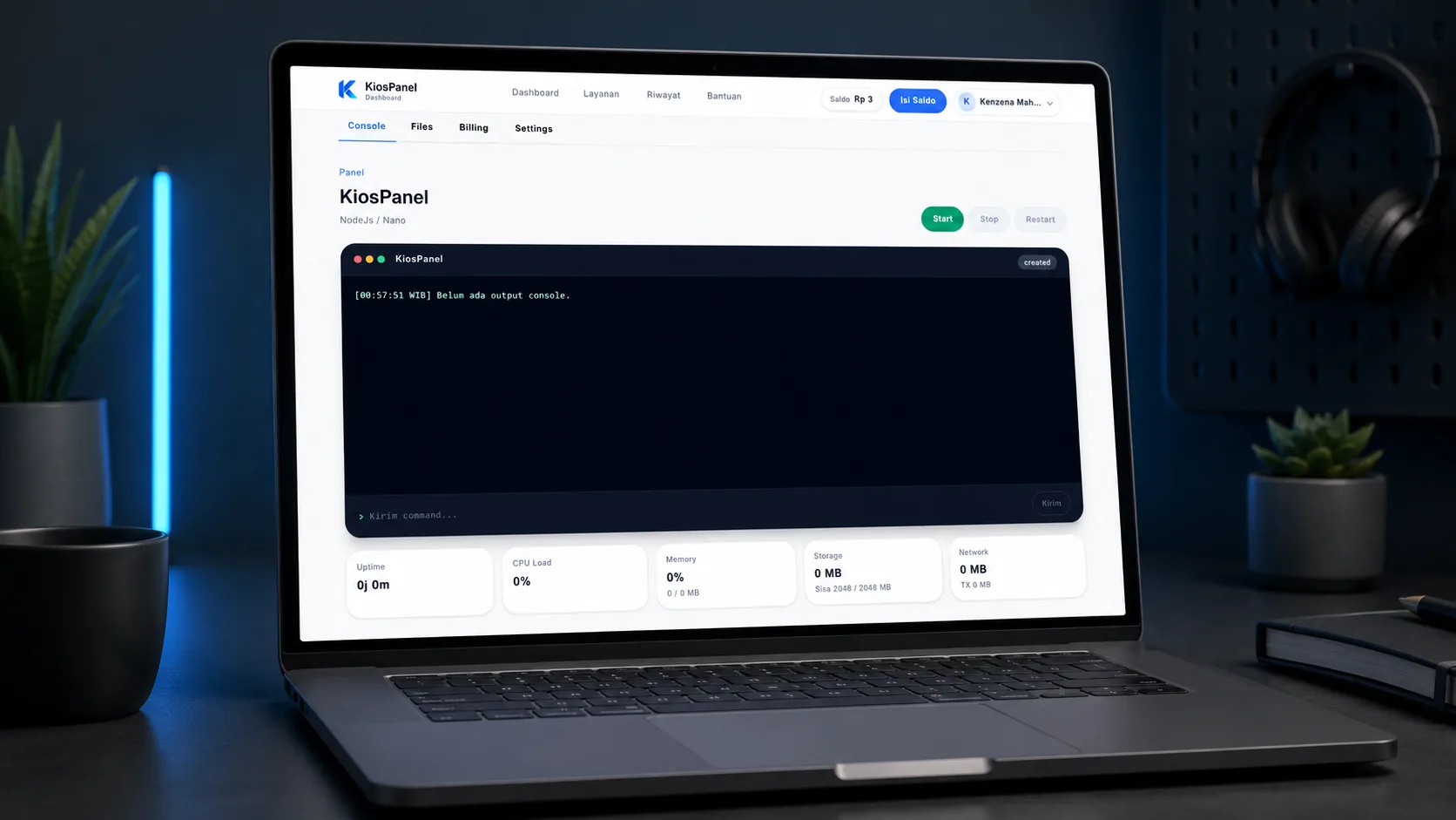 KiosPanel dashboard with a container console and resource monitoring