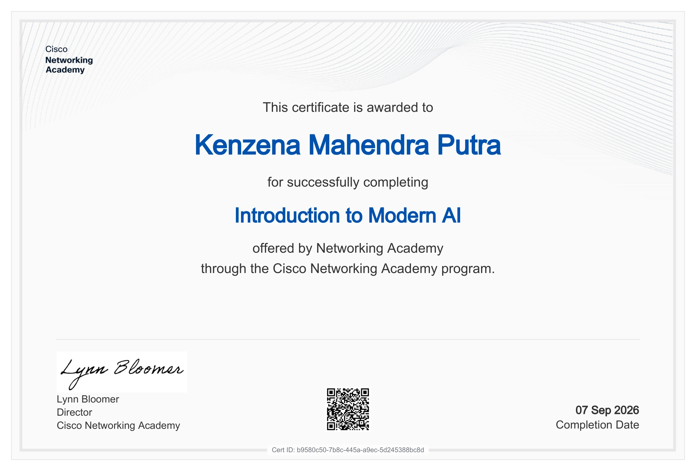 Kenzena Mahendra Putra Introduction to Modern AI certificate